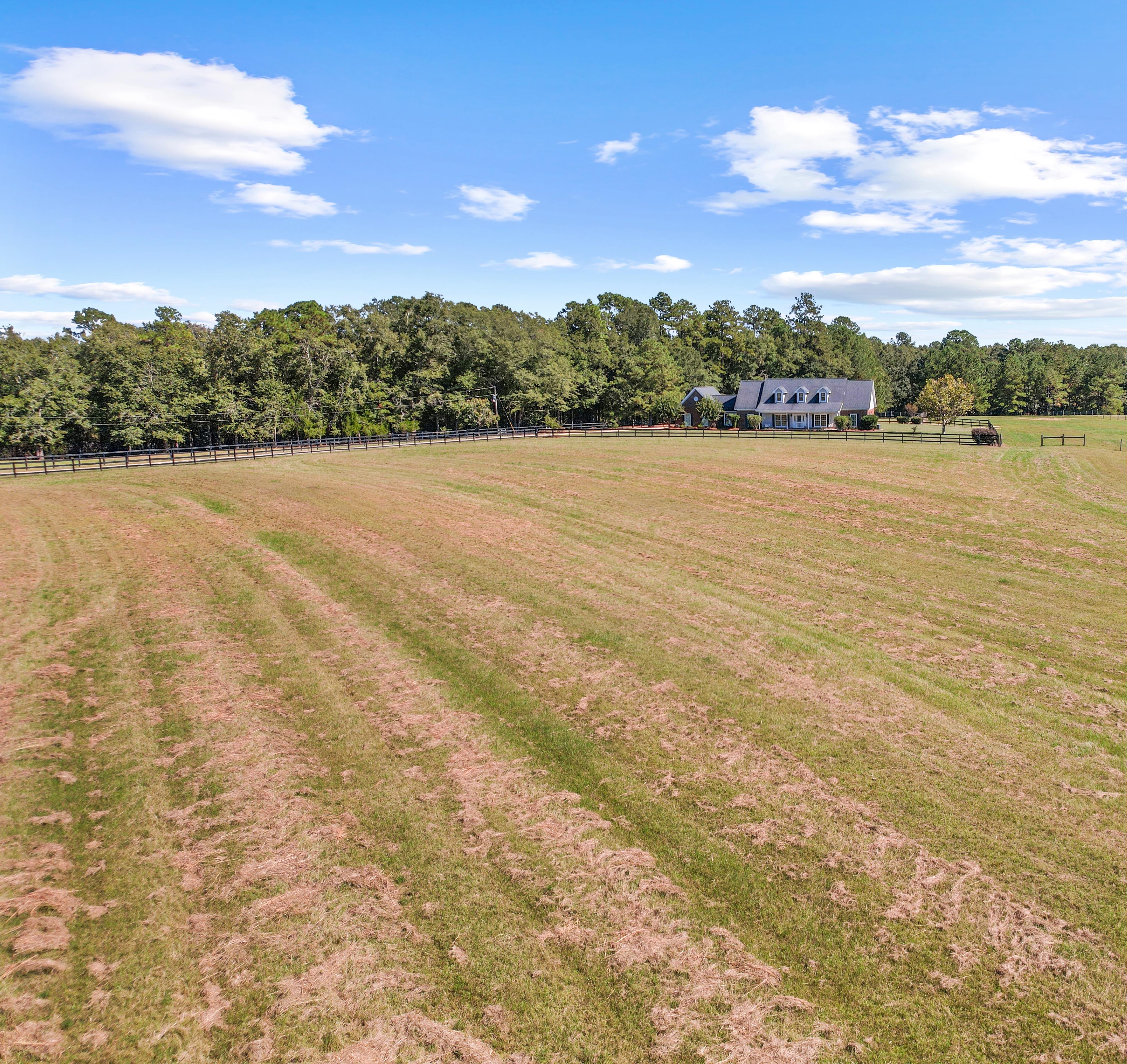 The home set against mature woods, with rolling pasture in the foreground